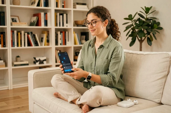 Jeune femme utilisant un smartphone pliable et des gadgets connectés dans un appartement moderne, tendances tech 2024