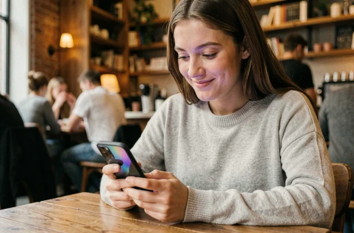 Jeune femme utilisant Snapchat sur son smartphone dans un café, illustrant l'activité en ligne et le point vert de Snapchat