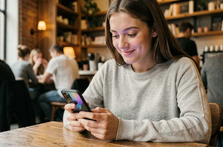 Jeune femme utilisant Snapchat sur son smartphone dans un café, illustrant l'activité en ligne et le point vert de Snapchat
