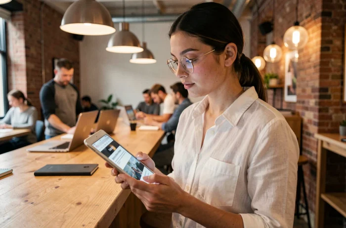 Jeune femme consultant un site de ressources technologiques sur une tablette dans un espace de coworking