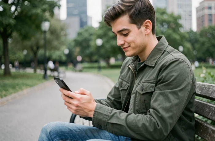 Jeune homme utilisant une application mobile pour envoyer de l'argent à l'étranger via Western Union dans un parc urbain