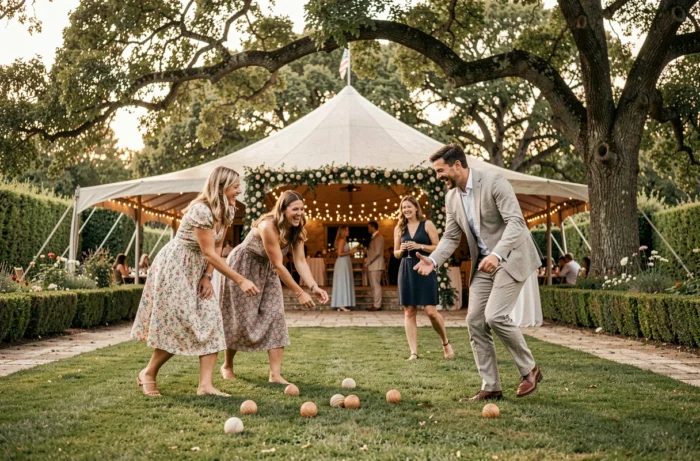 Invités de mariage jouant aux boules dans un jardin de domaine français lors du cocktail en plein air