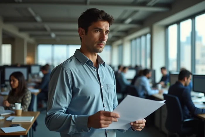 Journaliste masculin tenant un rapport imprimé dans une salle de rédaction moderne lors d'une enquête sur les révélations Crunchyscans en 2026