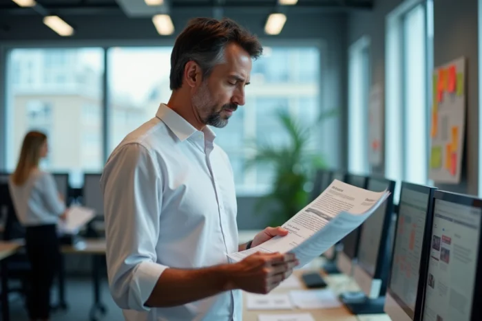 Journaliste français analysant les tendances et actualités dans une salle de rédaction moderne