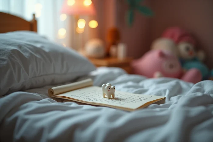 Lettre de la Petite Souris et dent de lait posées sur une table de chevet dans une chambre d'enfant