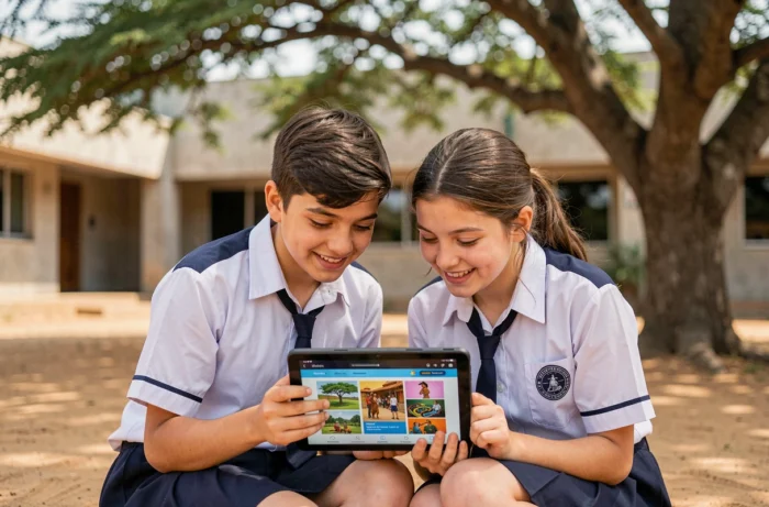 Deux lycéens africains explorant ensemble du contenu culturel sur une tablette numérique