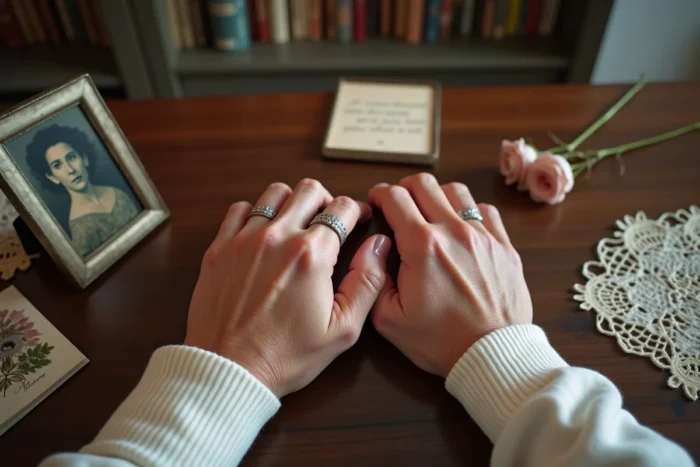 Mains de couple âgé entrelacées avec alliances argentées sur table en bois entourées de souvenirs pour anniversaire de mariage 38 ans