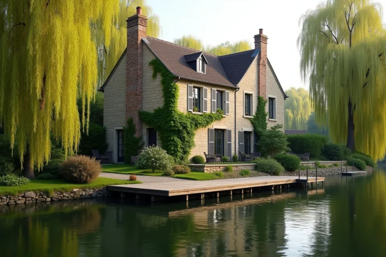 Maison en pierre à vendre au bord de l'eau près de Paris avec ponton privé et reflets dans la rivière