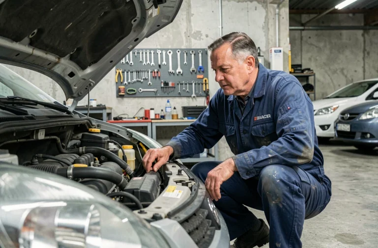 Mécanicien bénévole d'un garage solidaire inspectant le moteur d'un véhicule dans un atelier communautaire