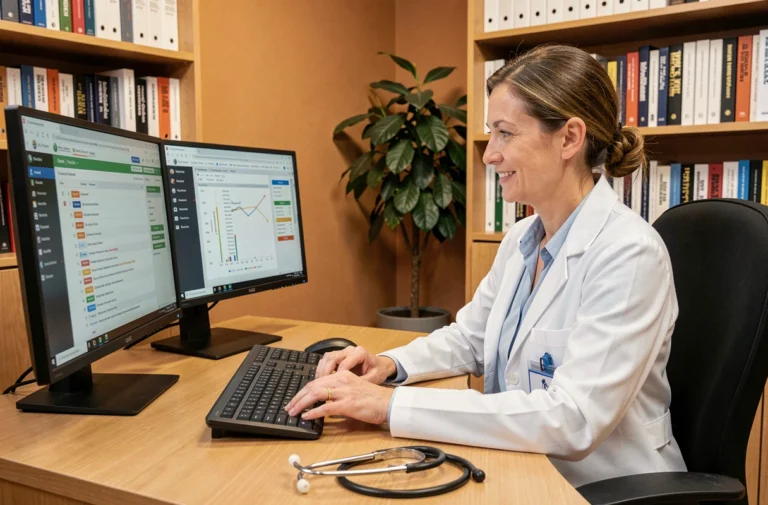 Médecin généraliste femme consultant des données patients sur ordinateur dans un cabinet médical moderne et organisé