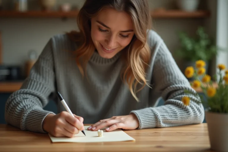 Maman écrivant une lettre de la Petite Souris à table avec une dent de lait posée sur le papier