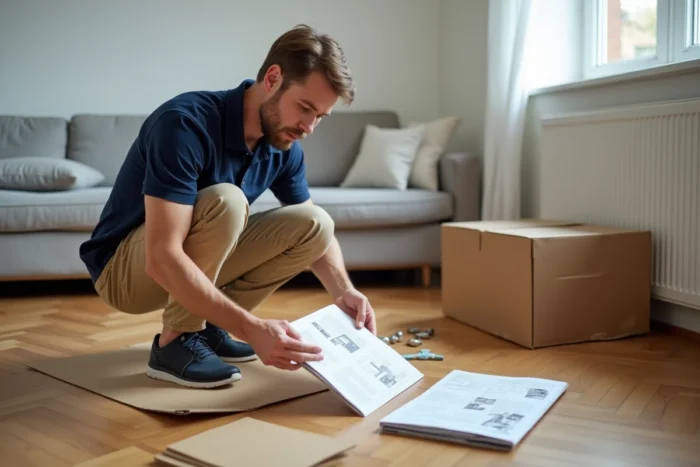 Homme en train de lire les instructions de montage d'une armoire de rangement en plastique dans un salon