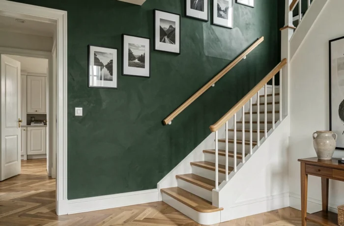 Mur d'accent peint en vert forêt profond dans une cage d'escalier contemporaine
