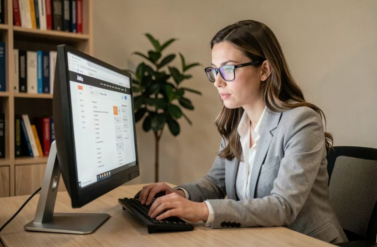 Femme professionnelle naviguant sur le plan du site Guide Finance depuis son bureau à domicile