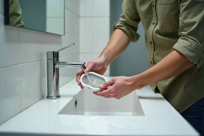 Homme rinçant le filtre d'un mini rafraîchisseur d'air Silvercrest sous l'eau du robinet dans une salle de bain