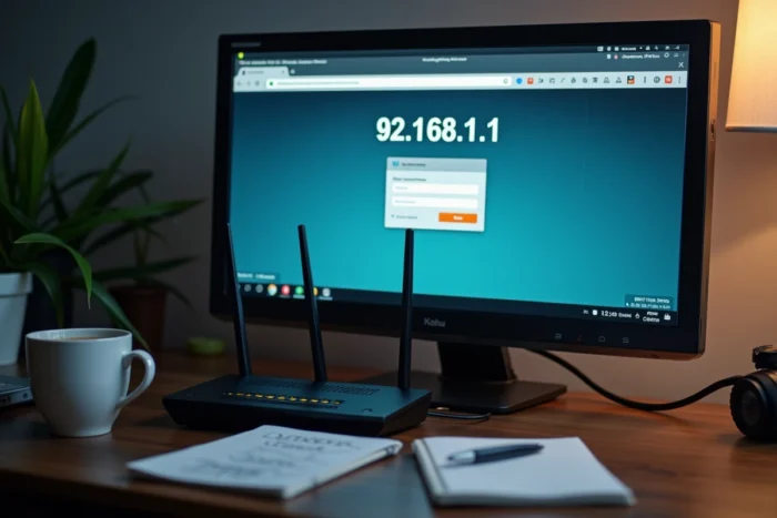 Écran d'ordinateur affichant la page de connexion 192.168.1.1 avec un routeur physique posé sur le bureau