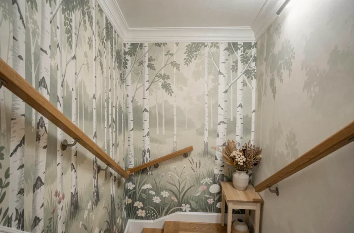 Papier peint panoramique forêt de bouleaux sur le mur de palier d'une cage d'escalier résidentielle