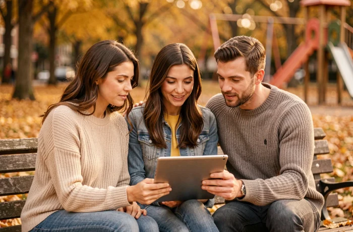 Groupe de parents découvrant ensemble le site Douceur Enfance sur une tablette dans un parc en automne