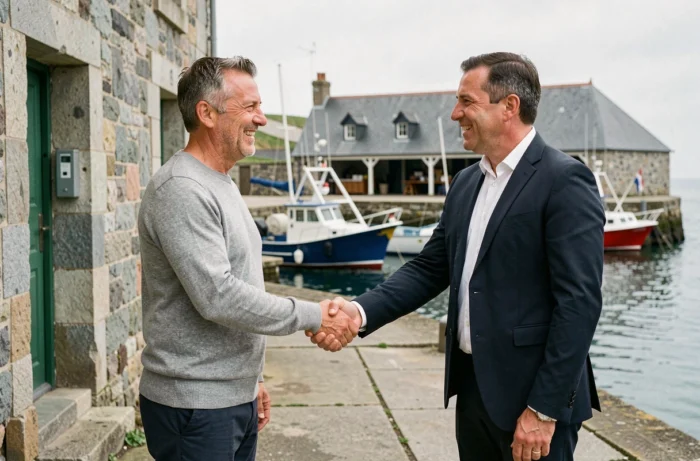 Deux professionnels concluant un partenariat commercial devant un bâtiment en granit breton face au port