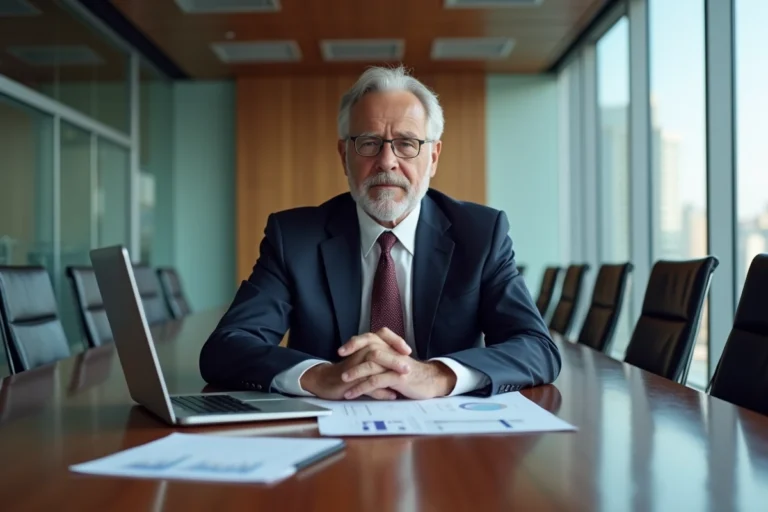 PDG d'une grande entreprise industrielle assis en salle de conseil avec des documents financiers, illustrant la rémunération d'un dirigeant CAC40