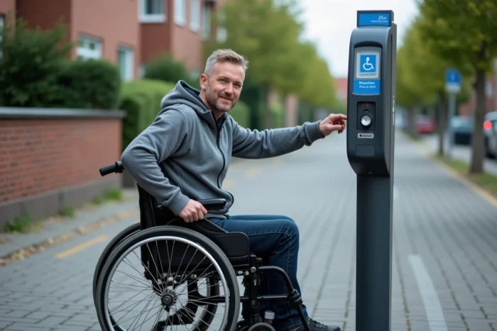 Personne en fauteuil roulant utilisant un horodateur avec touche d'accessibilité