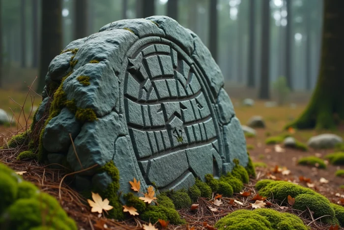 Pierre runique monolithique gravée de symboles anciens dans une forêt boréale recouverte de lichen et de mousse