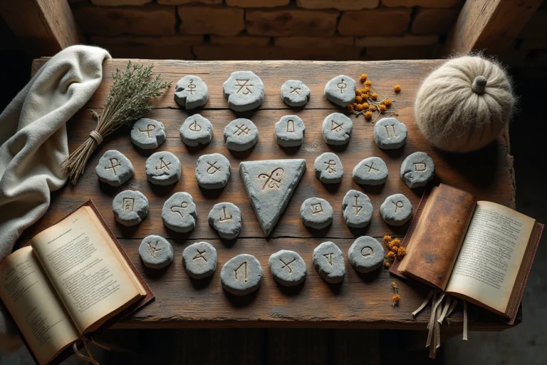 Pierres runiques anciennes gravées disposées en lecture sur une table en bois rustique avec manuscrit illustré et herbes séchées