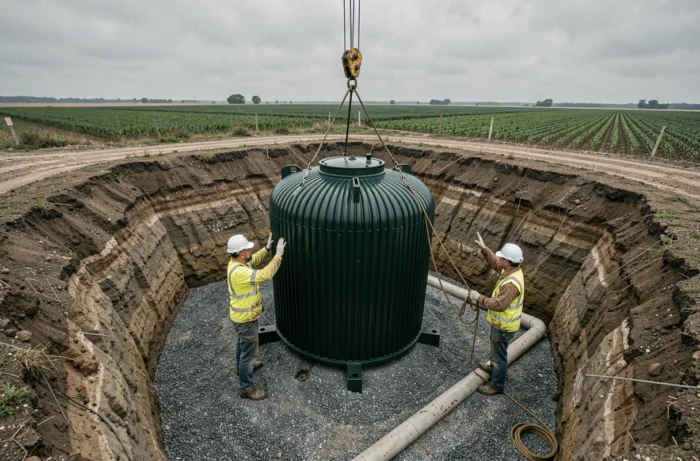 Mise en place d'une grande cuve enterrée pour stockage d'eau de pluie dans une excavation agricole avec grue