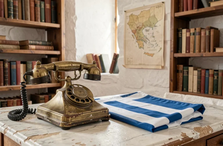 Téléphone à cadran vintage posé sur du marbre avec un drapeau grec, symbolisant le préfixe téléphonique +30 de la Grèce