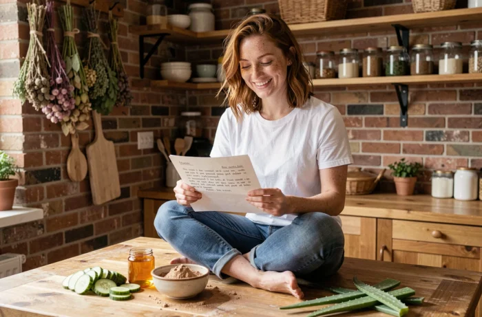 Jeune femme préparant des soins beauté naturels maison avec des ingrédients bruts dans une cuisine rustique