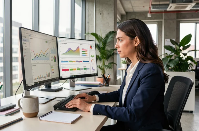 Professionnelle en marketing digital analysant des tableaux de bord SEO et des graphiques de performance sur deux écrans dans un bureau moderne