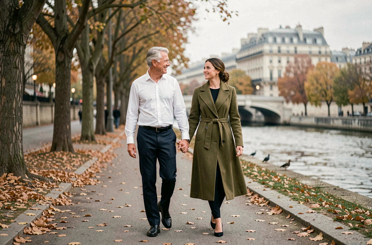 Couple se promenant main dans la main sur les quais de Seine en automne à Paris