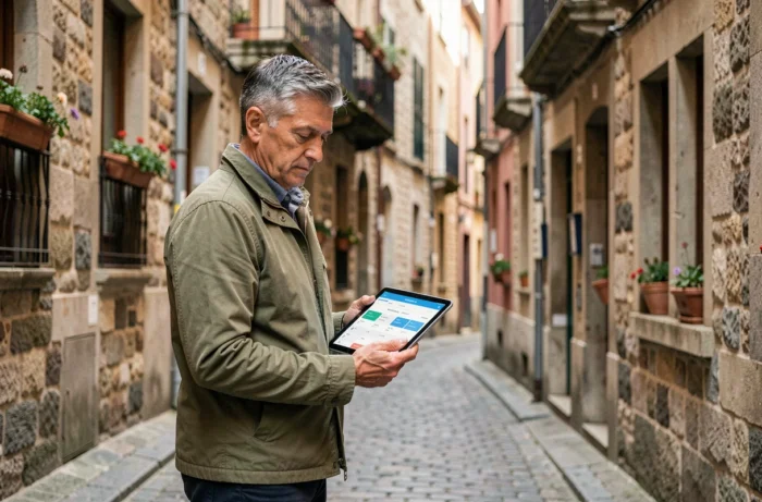 Propriétaire bailleur consultant une estimation de loyer sur tablette dans une rue typique de Lyon