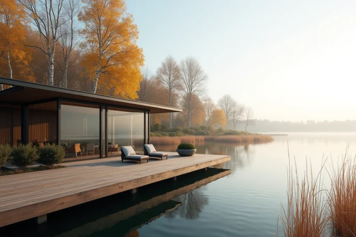 Propriété moderne avec terrasse sur lac à vendre en région parisienne entourée de nature automnale