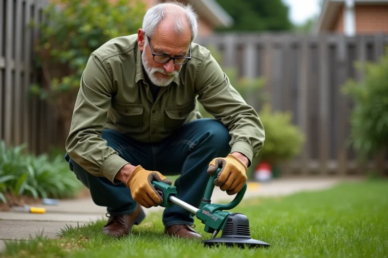 Homme d'âge mûr remplaçant le fil d'un coupe-bordure sans fil dans un jardin résidentiel