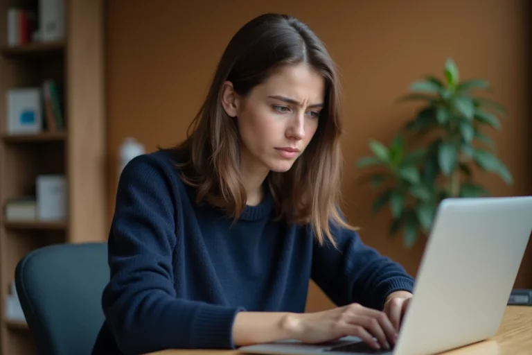 Femme récupérant l'accès à son compte Footclub FFF sur un ordinateur portable à son bureau à domicile