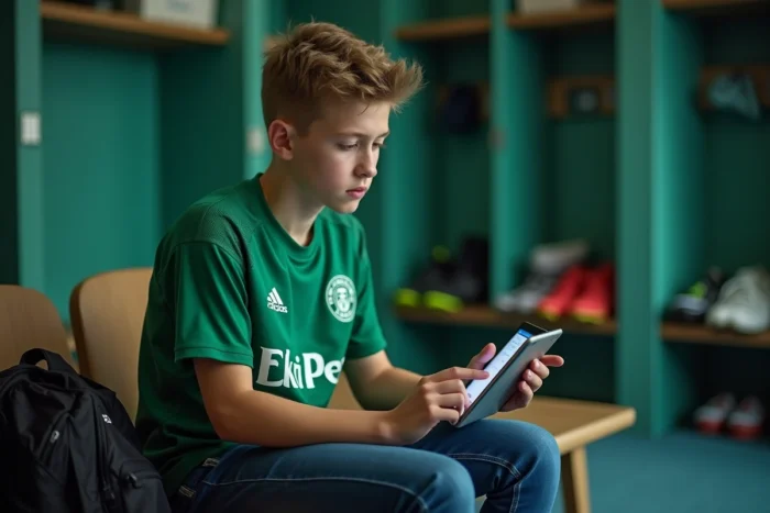 Jeune footballeur récupérant son mot de passe Footclub FFF sur une tablette dans un vestiaire sportif