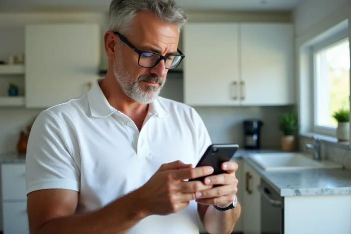 Homme consultant un email de réinitialisation de mot de passe Footclub FFF sur son smartphone dans la cuisine
