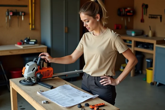 Femme consultant une notice pour remettre du fil sur la tête d'un coupe-bordure dans un garage