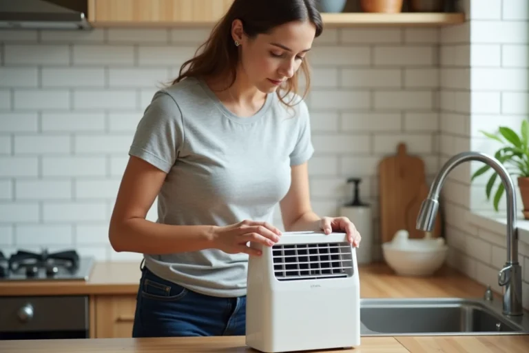 Femme retirant le filtre d'un mini rafraîchisseur d'air Silvercrest posé sur un comptoir de cuisine en bois