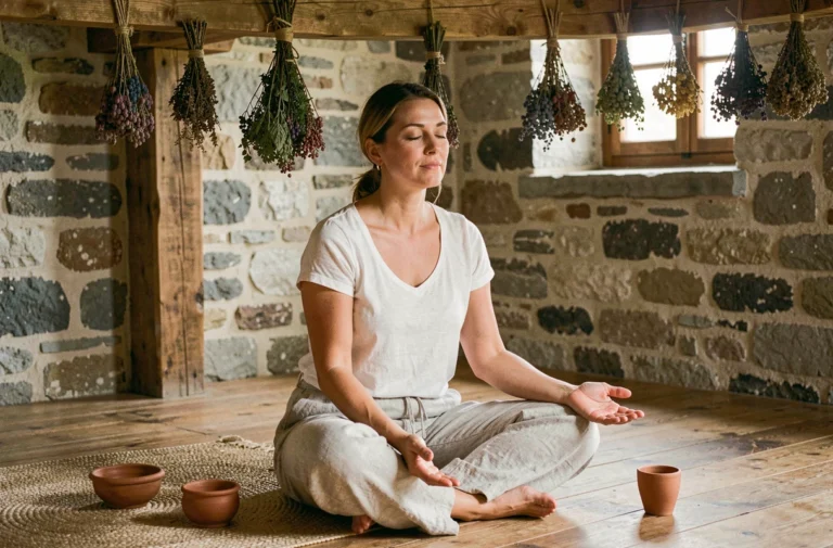 Femme en méditation lors d'une retraite ayahuasca dans une ferme rustique en France, ambiance cérémonielle authentique