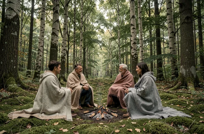 Groupe de participants assis en cercle dans une forêt française après une retraite ayahuasca, atmosphère de recueillement collectif