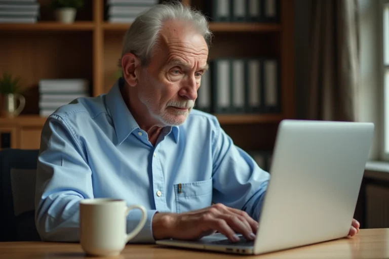 Retraité SNCF consultant son extranet agence famille sur un ordinateur portable à son bureau à domicile