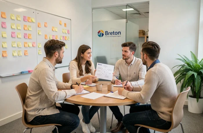 Groupe de jeunes entrepreneurs bretons en réunion de travail dans un incubateur de startups