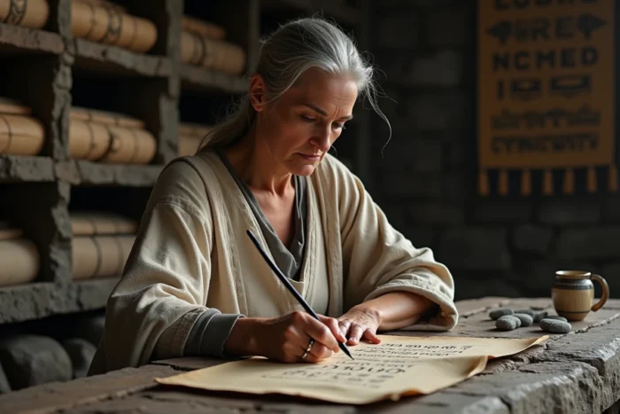 Femme spécialiste en runologie transcrivant des runes Bourzeix sur parchemin dans une archive médiévale en pierre