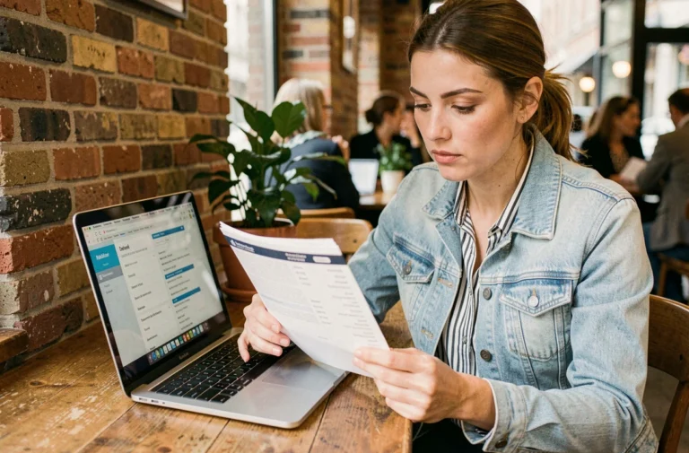 Femme consultant ses réservations de voyage en ligne dans un café avec un itinéraire imprimé et un ordinateur portable
