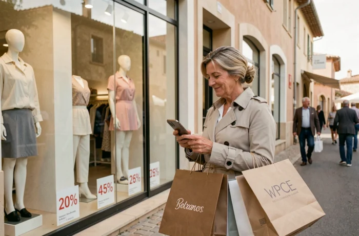 Femme faisant du shopping devant une boutique du village des marques de Miramas avec horaires affichés