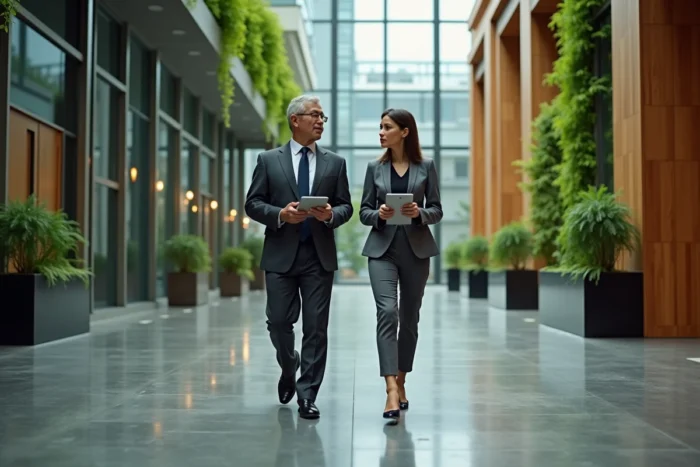 Dirigeants d'une grande entreprise industrielle marchant dans un siège social moderne avec architecture durable, évoquant la gouvernance et la stratégie de rémunération