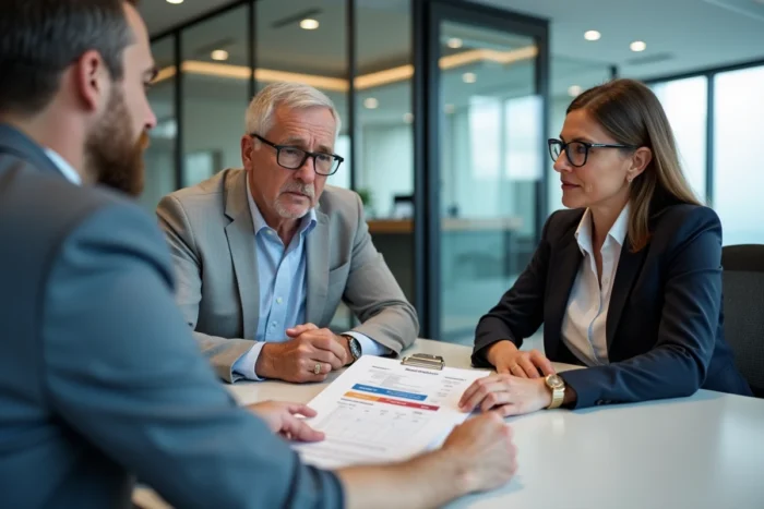 Couple en rendez-vous bancaire pour une simulation de prêt immobilier avec conseiller Casden