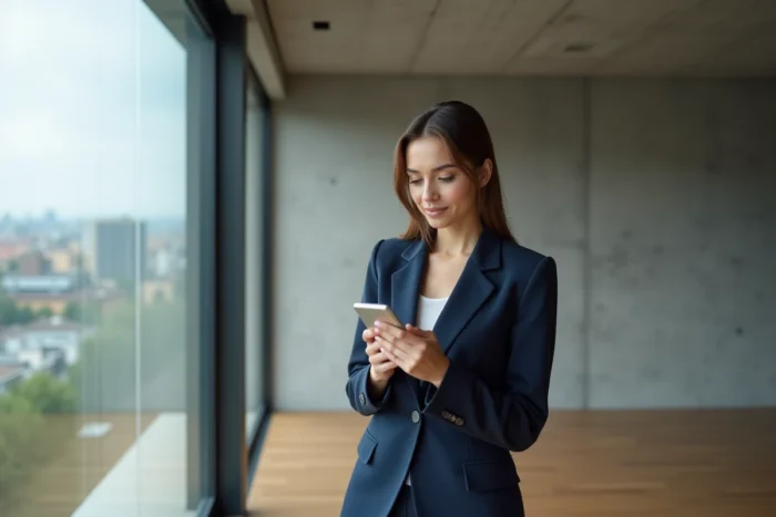 Femme consultant un simulateur de prêt immobilier Casden sur smartphone dans un appartement neuf